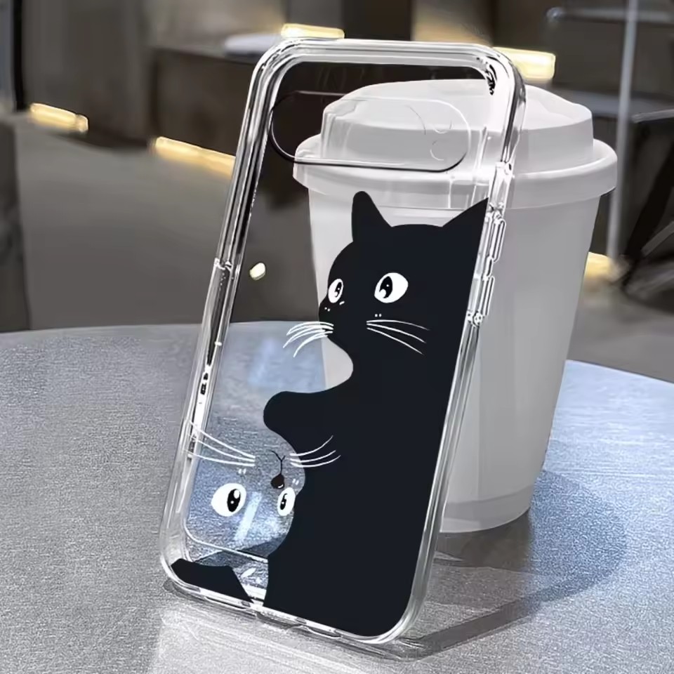 Google Pixel 9 - Casing Transparan Motif Kucing Hitam Kartun